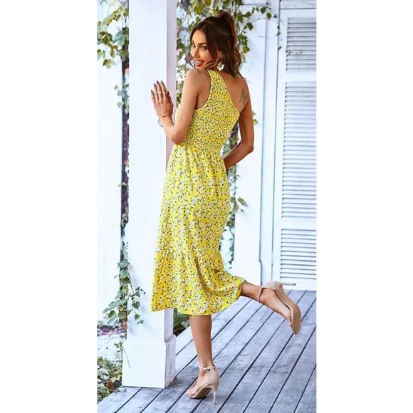SEXYASASII Yellow Floral Smocked One-Shoulder Boho Midi Dress Size Small NWT - Picture 2 of 6